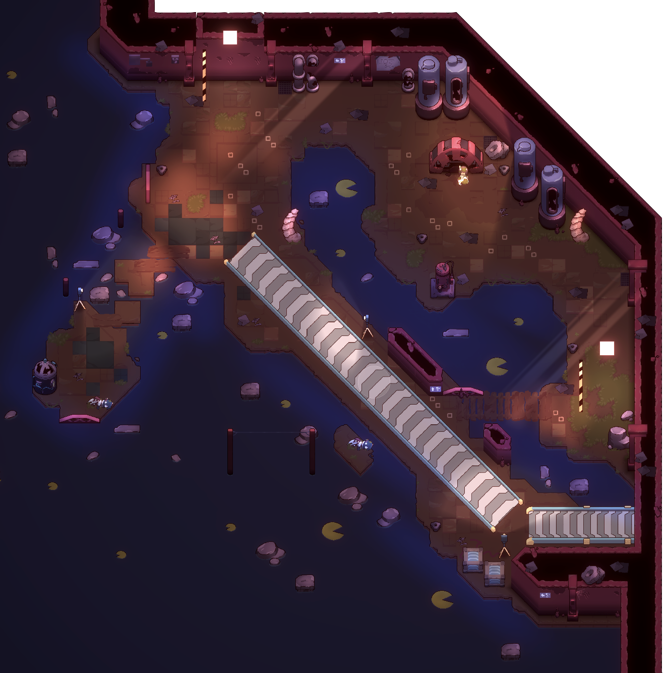 <b>Design Goal:</b> Surprise players with an ambush at the end of a long conveyor belt. Give them multiple interesting paths through.